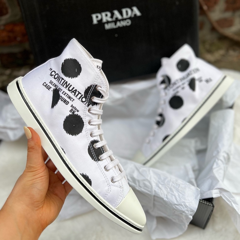 NEW Size 39.5 Unisex Prada Mid Top Gabardine Polka Dot White Canvas Logo Sneaker